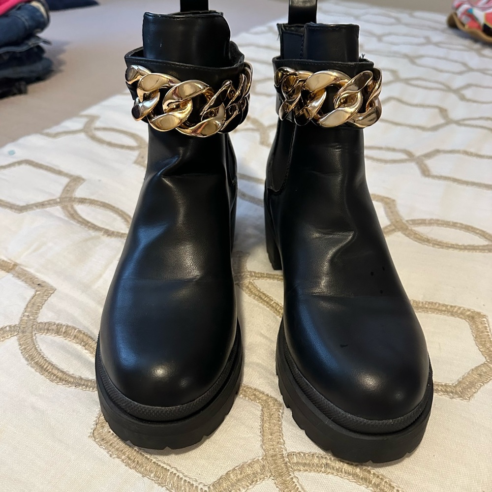 Halston Heritage Black and Gold Ankle Boots with Platform Sole